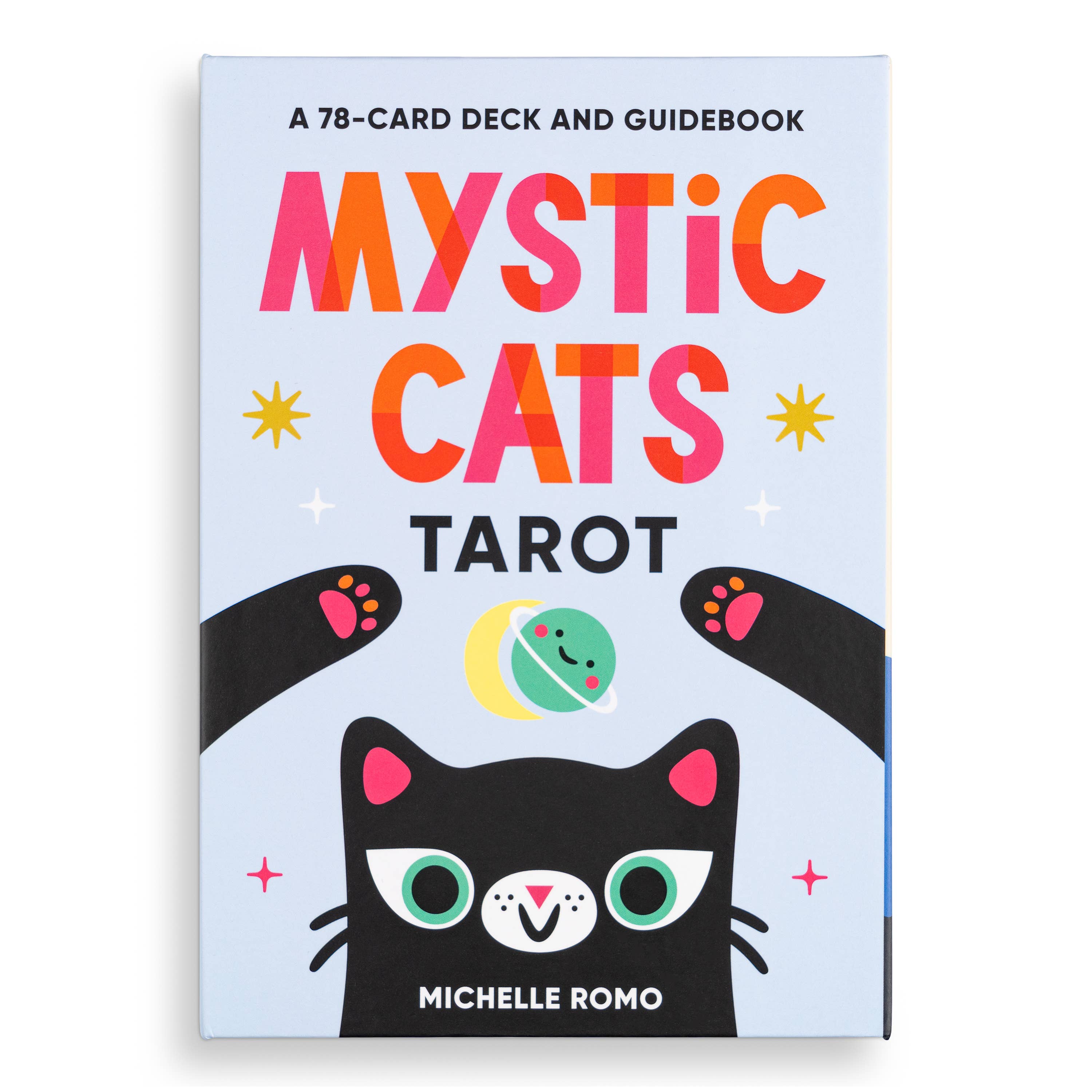 Mystic Cats Tarot 78-Card Deck and Guidebook featuring a black cat and colorful cover accents.