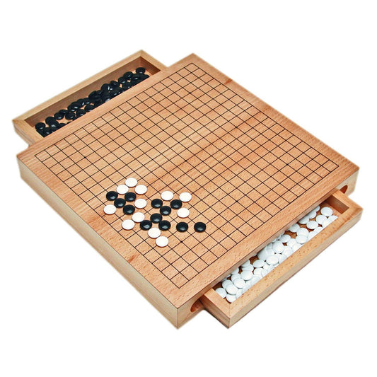 Wood GO Set, 12-inch board with black and white stones and side storage drawers for extra stones.