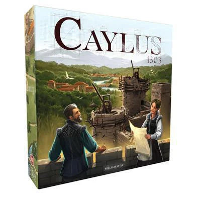 Caylus 1303 board game box cover featuring two figures and a castle under construction.
