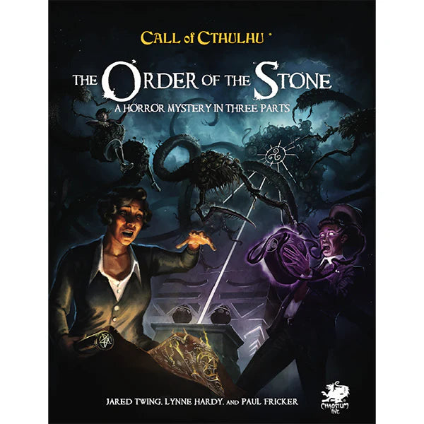 Call of Cthulhu 7e: The Order of the Stone cover featuring people and monsters in a dark 1920s setting.