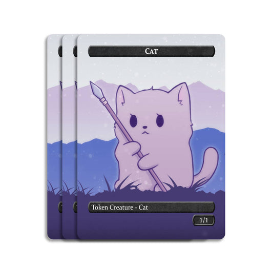 Spirit & Cat Token Set: 3 illustrated cards featuring purple cats with spears, for MtG card sleeves.
