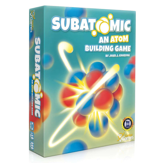 Subatomic board game box displaying atom graphics and subatomic particles on the front.
