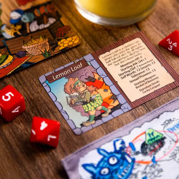 Drinking Quest: Old Habits game with Lemon Loaf card, two red dice, and illustrated game pieces.