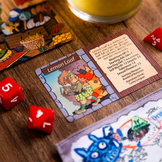 Drinking Quest: Old Habits game with Lemon Loaf card, two red dice, and illustrated game pieces.