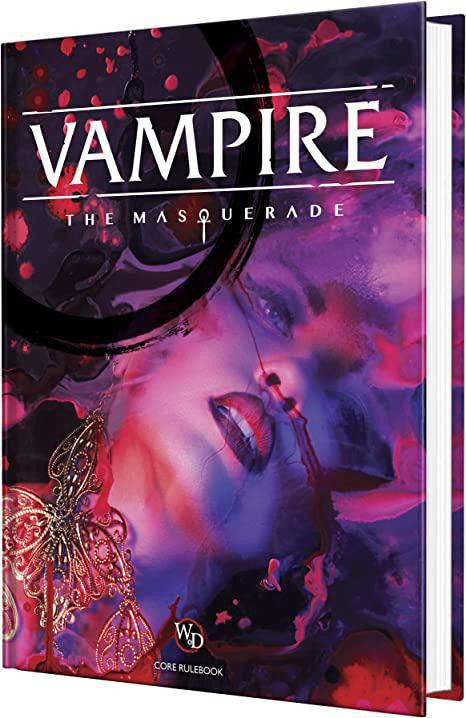 Vampire The Masquerade 5th Edition Core Rulebook cover with stylized vampire face and gold butterfly.