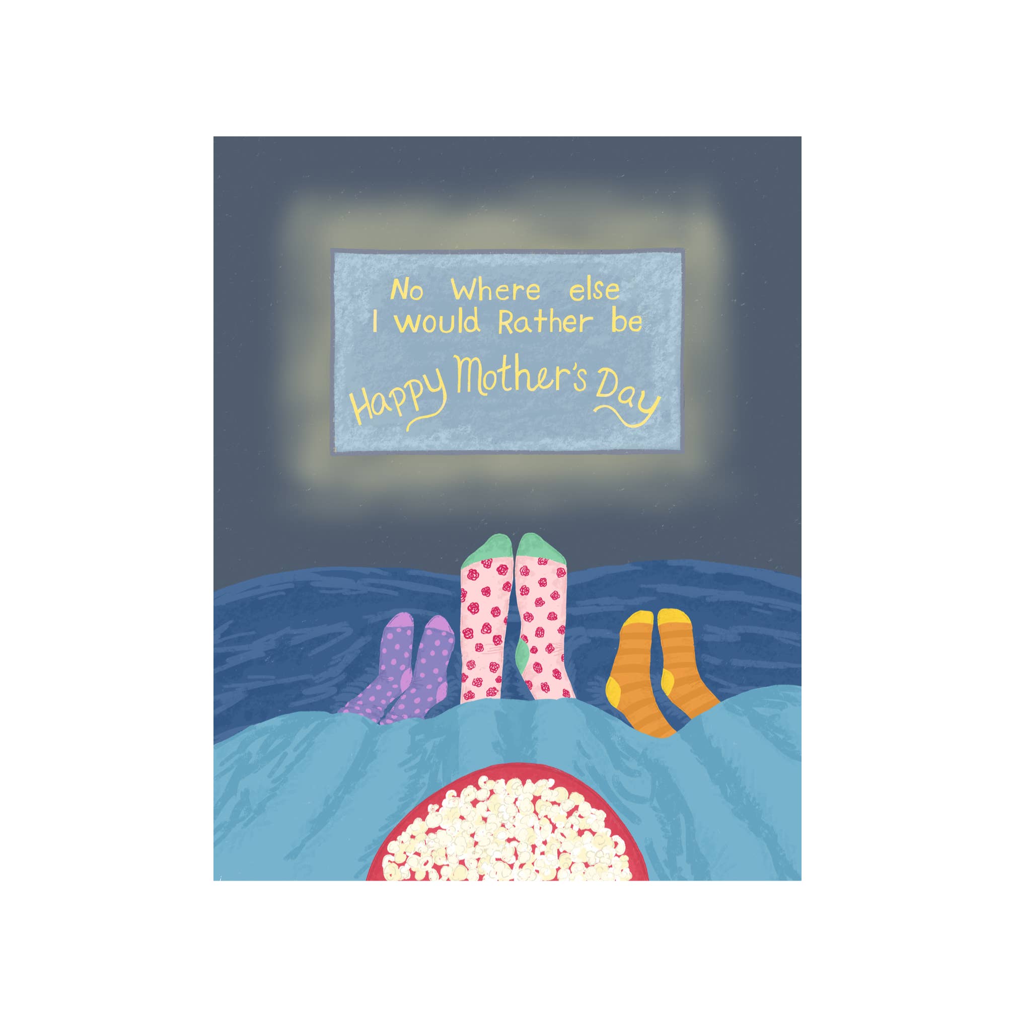 Movie Night Mothers Day Greeting Card featuring cozy socks, popcorn, and a blanket in a hand-drawn illustration.