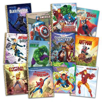 Marvel Little Golden Books set featuring Spider-Man, Hulk, Thor, and Captain America on the covers.