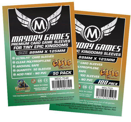 Two packs of 88mm x 125mm archival safe card sleeves for Tiny Epic Kingdoms, each pack contains 50 sleeves.