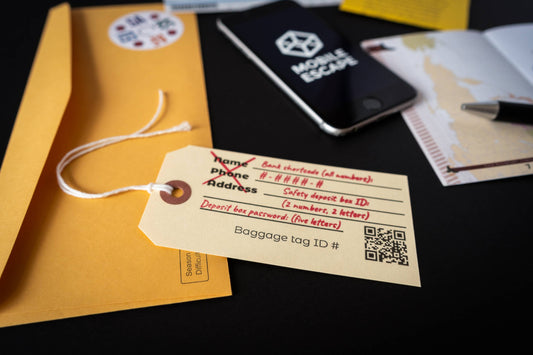 Episode 4: On The Run from the Family Secrets Series with a baggage tag and encrypted documents on a black surface.