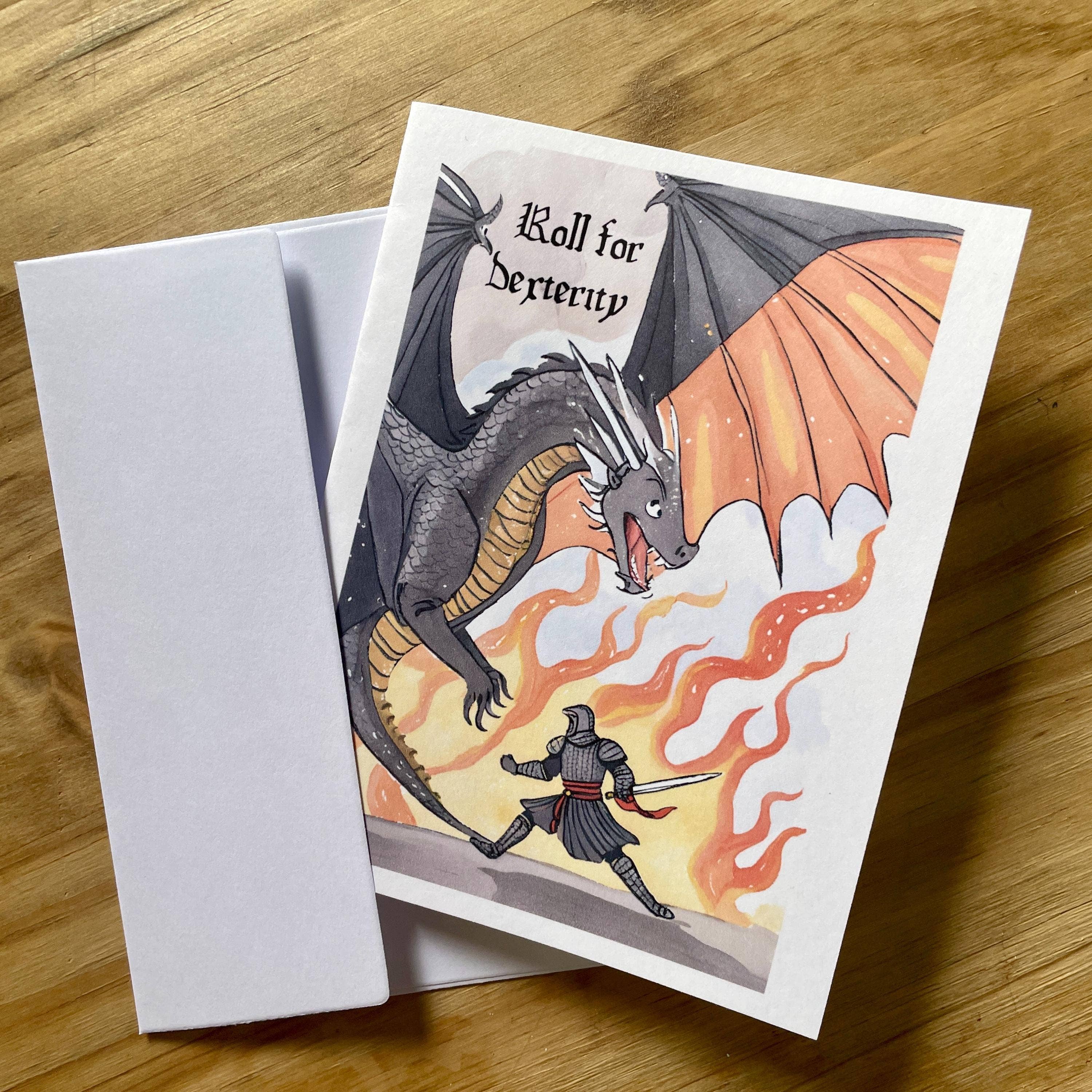Medieval Knight and Dragon Encouragement Card, matte card stock, blank inside, includes envelopes.