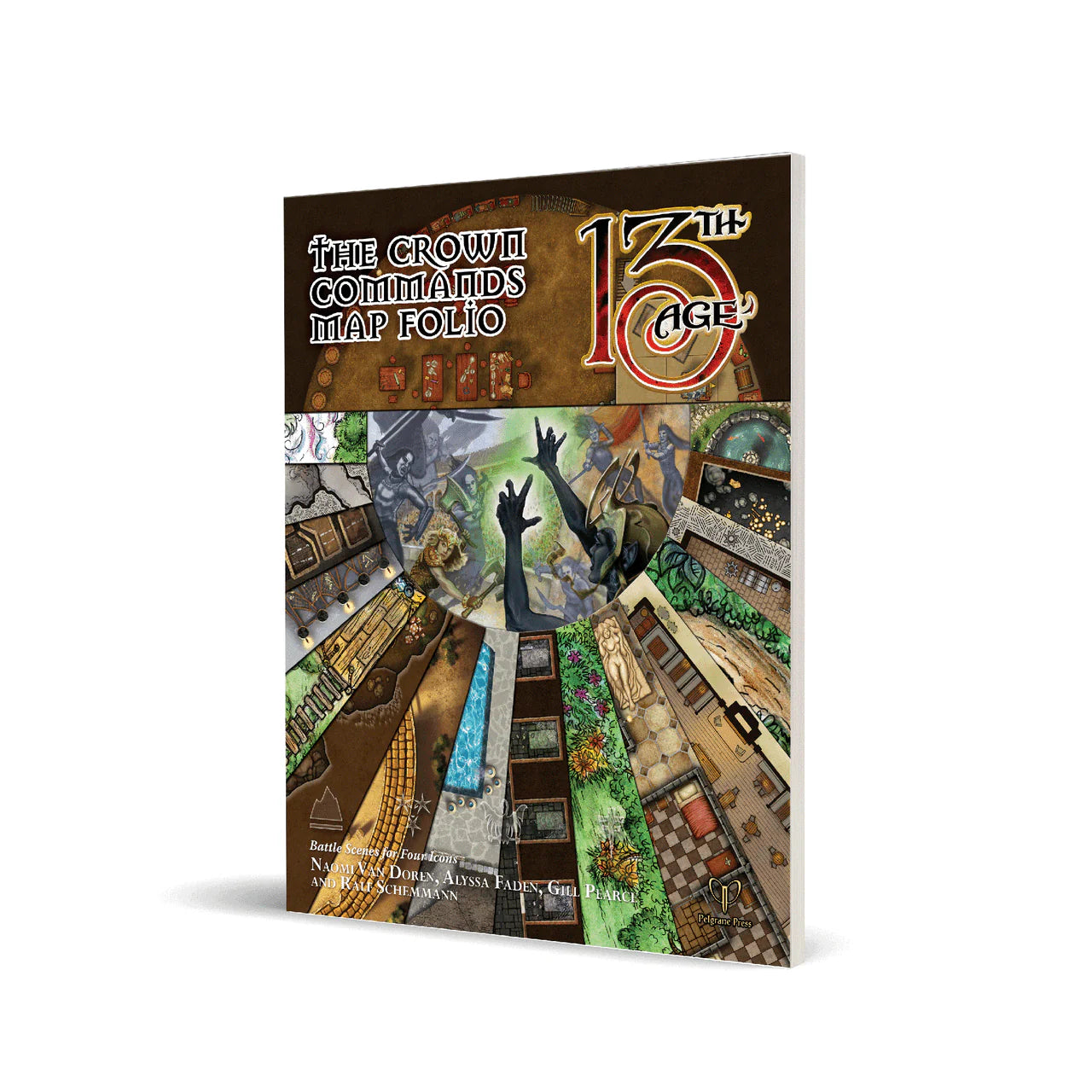 13th Age: The Crown Commands Map Folio cover featuring fantasy RPG art with adventurers and maps.