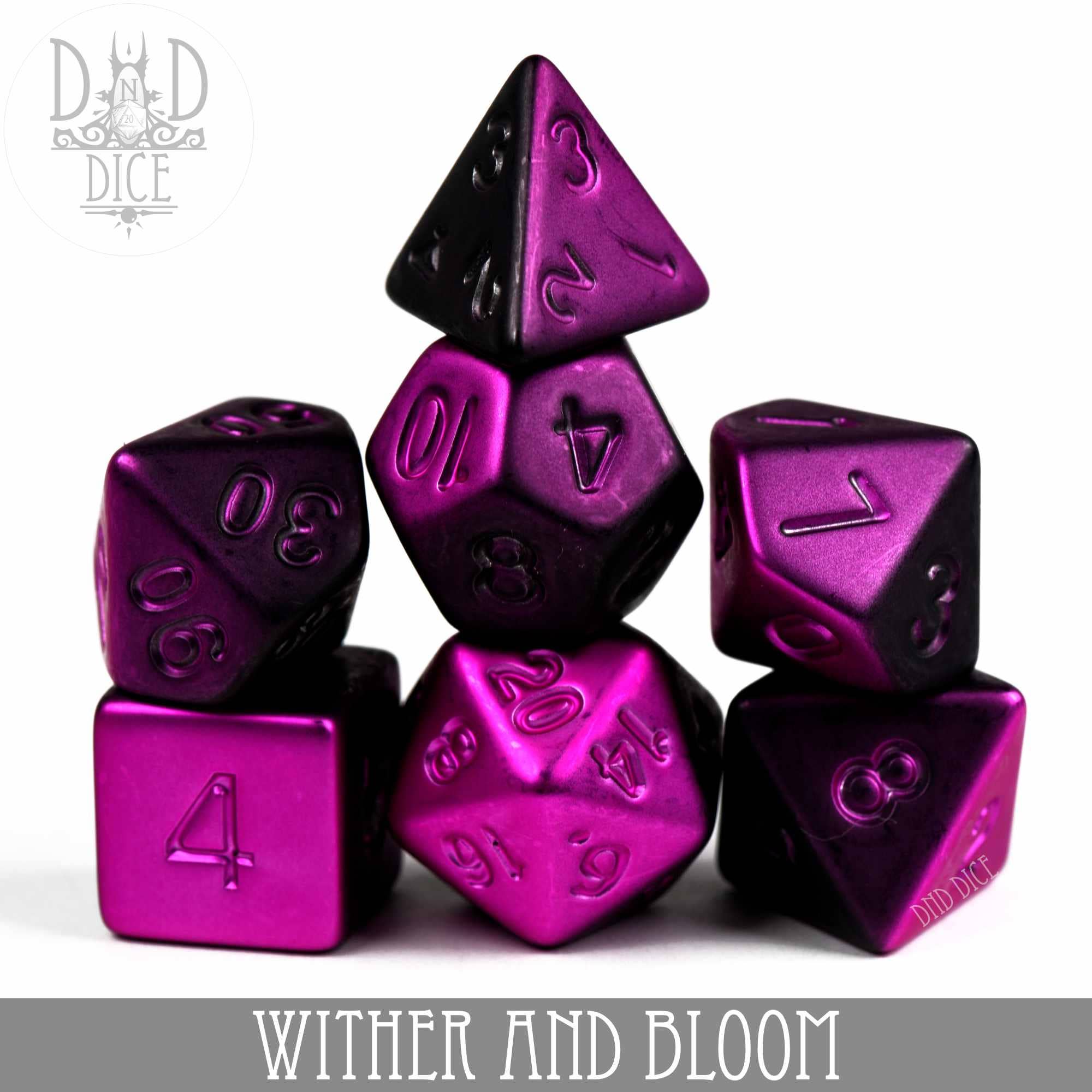 Wither and Bloom 7-piece DND dice set in metallic purple and black acrylic with white numbers.