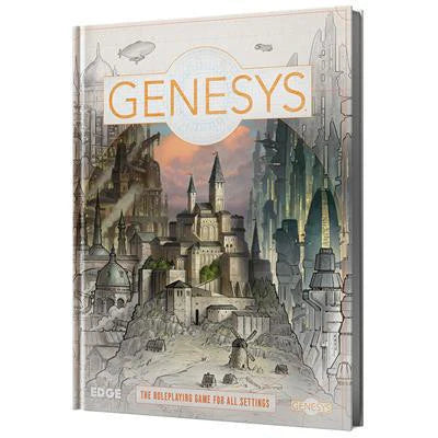 Genesys Core Rulebook cover featuring a city with both futuristic and medieval architectural elements.