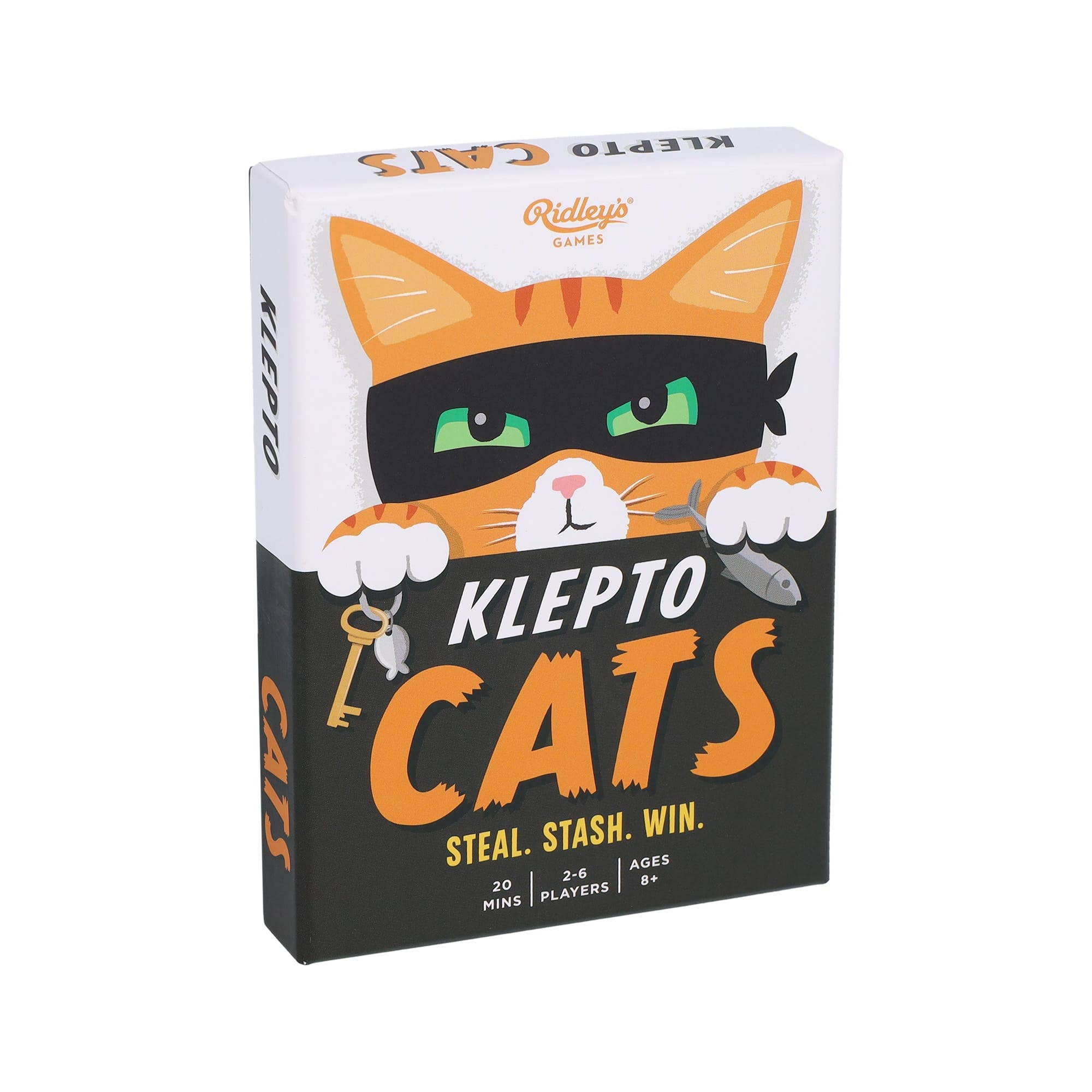 Klepto Cats strategy card game box featuring masked orange cat with key and fish.