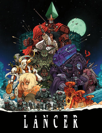 Lancer TTRPG Core Rulebook with modular mechs and armored figures standing under a green moon.