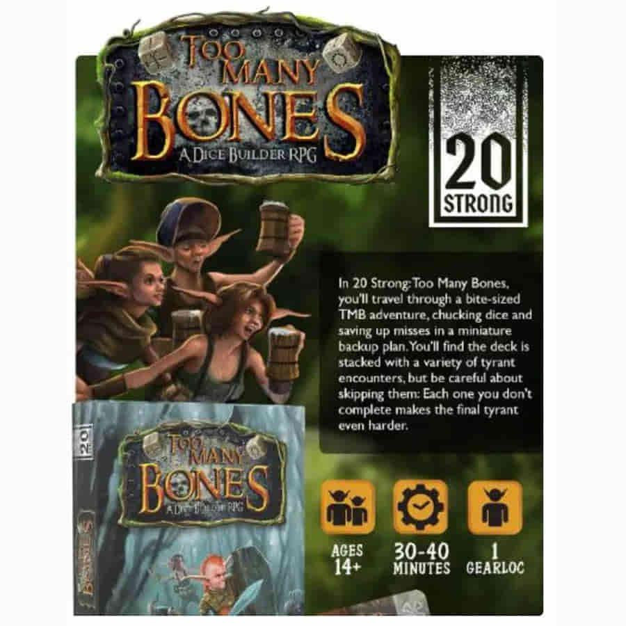 Too Many Bones 20 Bones Expansion, includes 1 Gearloc, tyrant encounters, ages 14+, playtime 30–40 min.