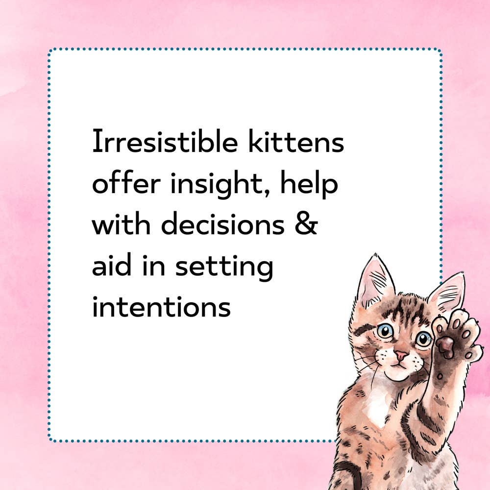 Kitten Oracle cards with a waving kitten illustration and pink textbox for guidance and decision-making.