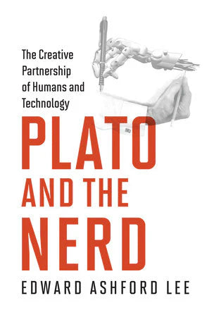 Book cover for Plato and the Nerd featuring a robotic hand writing.