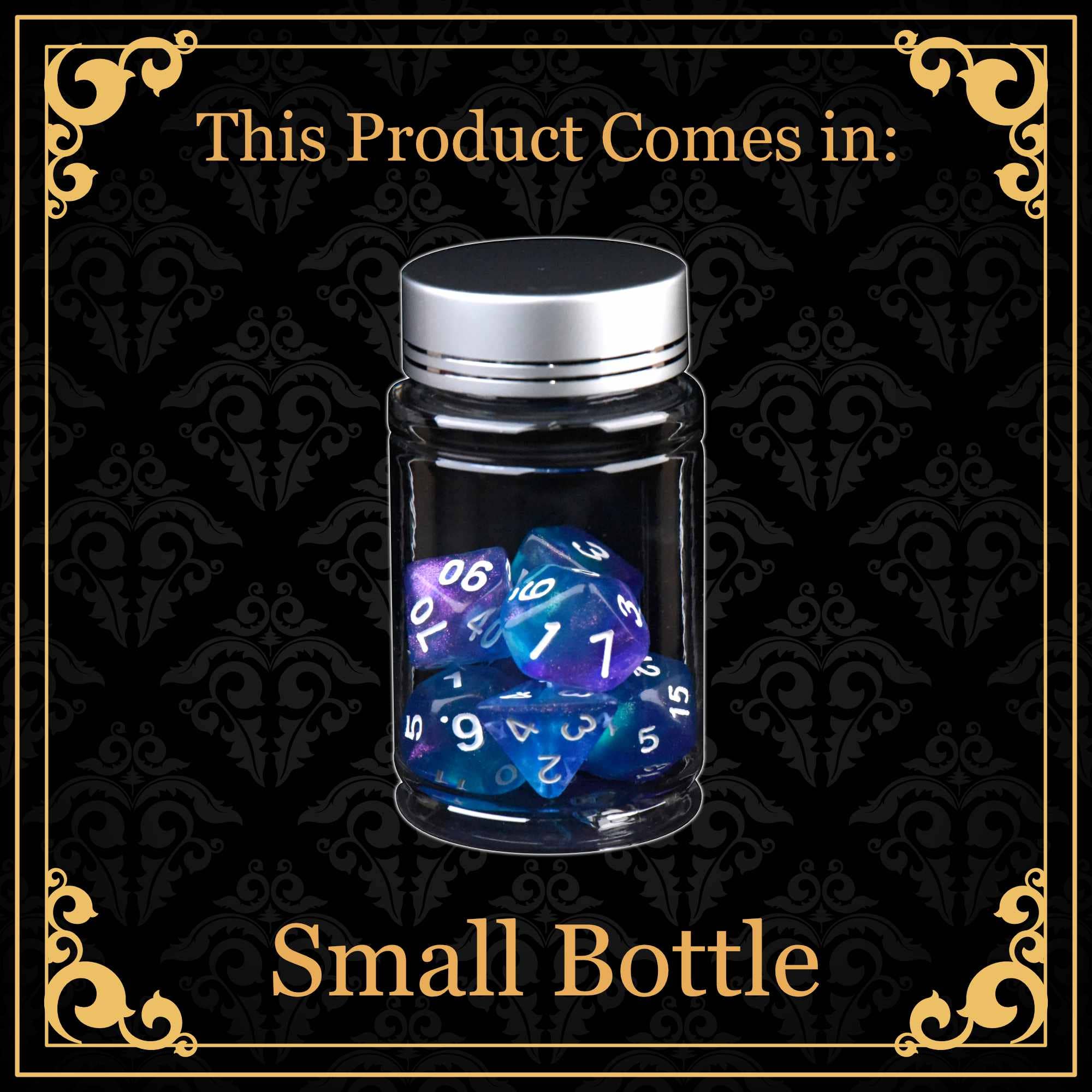 Alluring Aurora 7-piece acrylic dice set in clear bottle with silver lid for tabletop games.