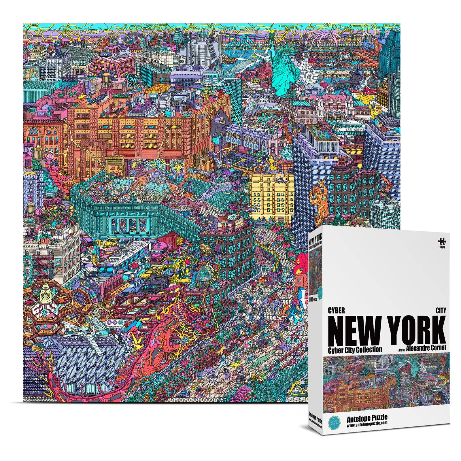 Vivid 1000-piece Cyber New York City-The High Line puzzle with cityscape image and branded box.