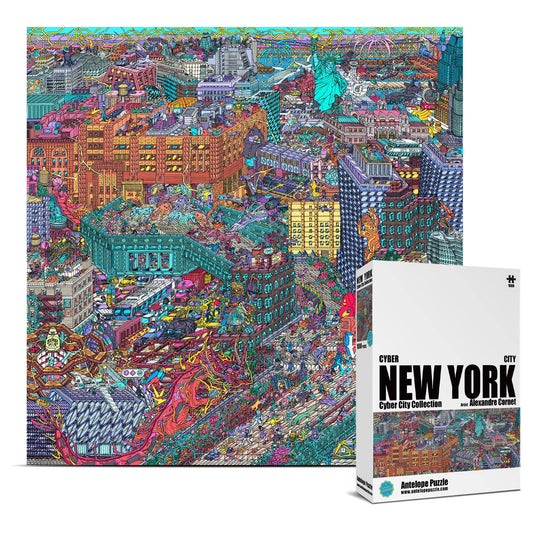 Vivid 1000-piece Cyber New York City-The High Line puzzle with cityscape image and branded box.