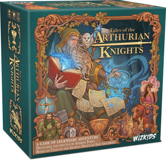 Tales of the Arthurian Knights board game box featuring a wizard, magic book, and fantasy creatures.