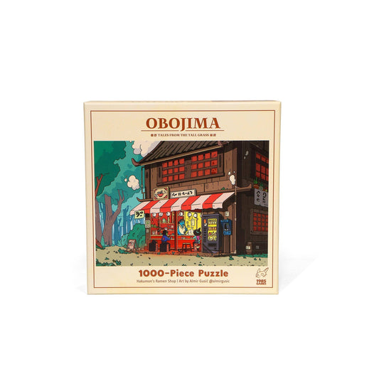 Obojima Hakumons Ramen Shop 1000-piece puzzle featuring illustrated art, vending machines, and a red awning.