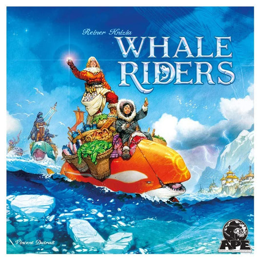 Whale Riders board game featuring adventurers riding an orange whale across icy waves toward snowy peaks.