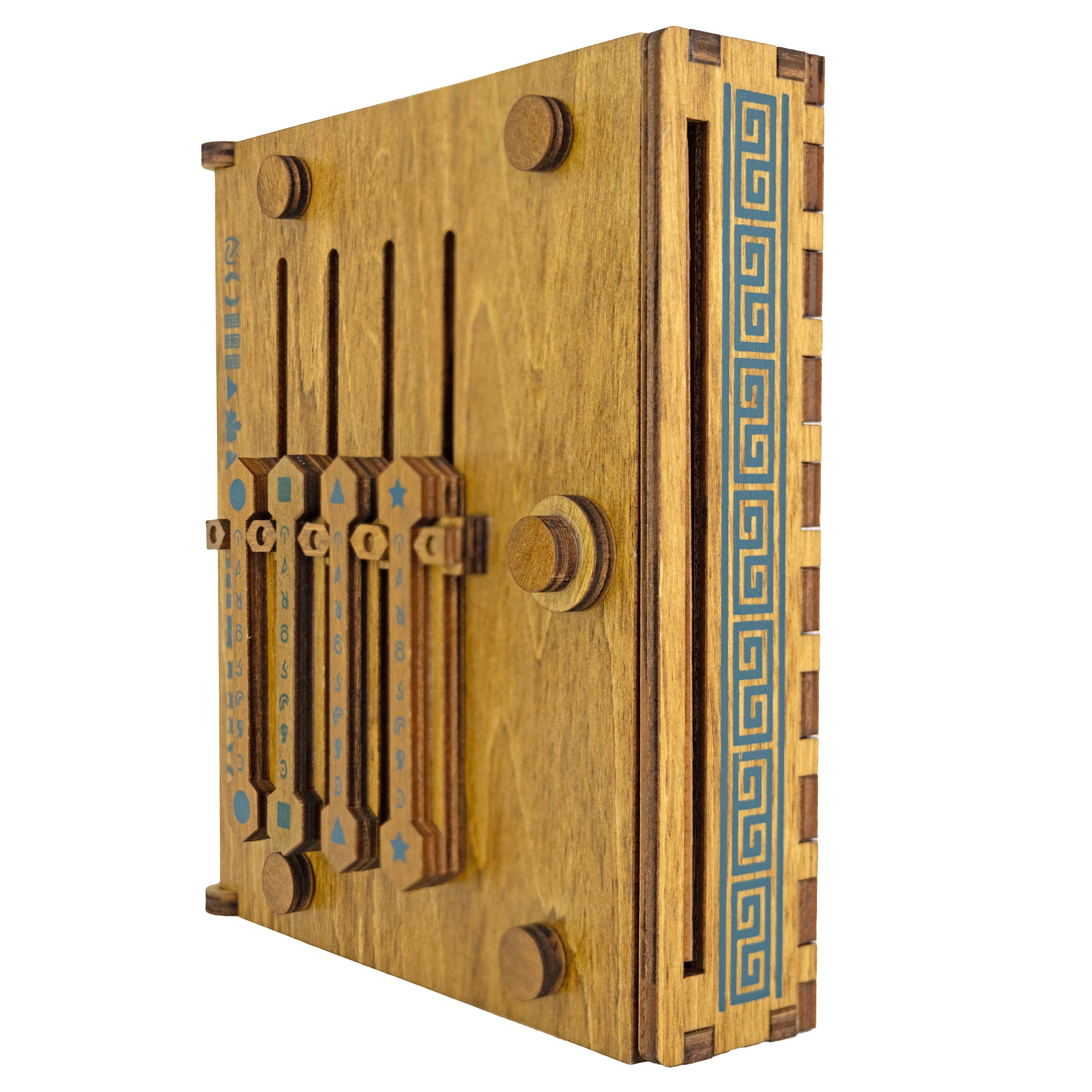 True Genius Caesars Codex puzzle box with sliding levers, blue patterns, and Ancient Roman-inspired symbols.