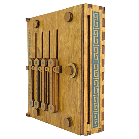 True Genius Caesars Codex puzzle box with sliding levers, blue patterns, and Ancient Roman-inspired symbols.