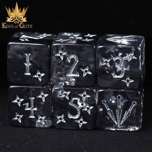 Art of Stealth - 11 Dice Set: clear resin dice with silver numbers and custom symbols.