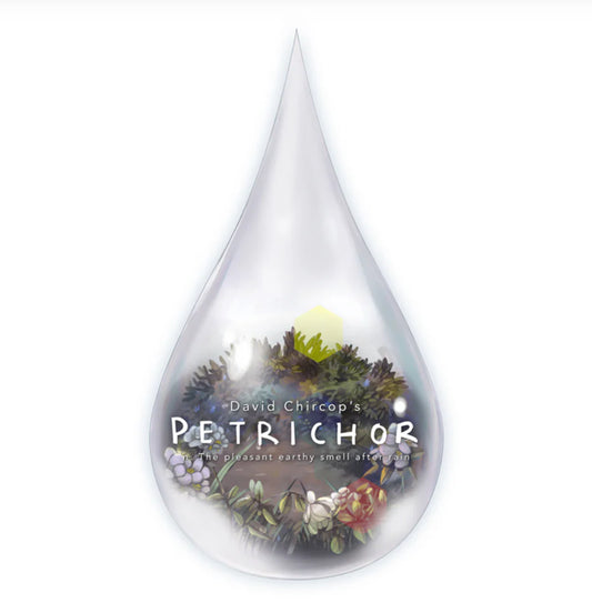 Petrichor board game and scent of rain, with flowers and leaves inside a clear raindrop.