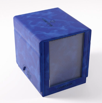 SideKick PRO 100+ XL Convertible Deck Box, blue, textured, with transparent front for card display and storage.