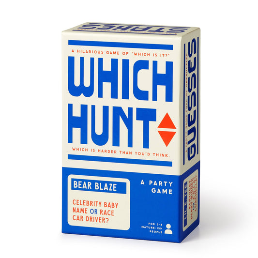 Brass Monkey Which Hunt Party Game box with the prompt: Bear Blaze—celebrity baby or race car driver?.
