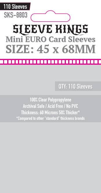 Sleeve Kings Mini Euro Card Sleeves, 45x68mm, SKS-8803, 110-pack, 60-micron clear polypropylene packaging.