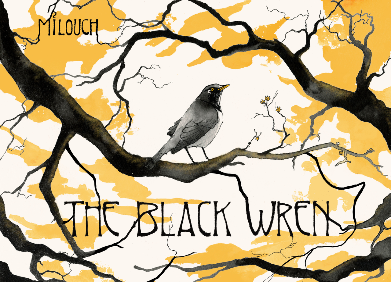 The Black Wren tabletop RPG art featuring a black wren on a branch under a yellow sky.