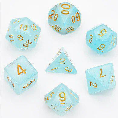 Cyan Silk Translucent Dice RPG set of 7 light blue acrylic dice with gold numbers on a white background.