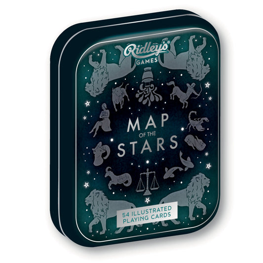 Map of the Stars Playing Cards tin with 54 constellation-themed playing cards and zodiac signs on the packaging.