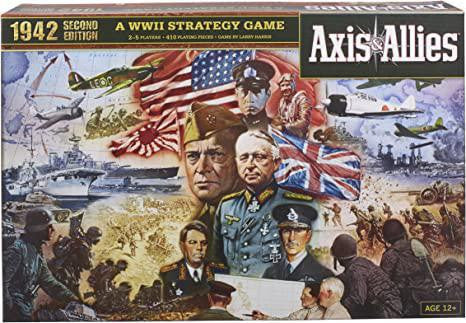 Axis & Allies: 1942 Second Edition board game box showing WWII leaders, soldiers, planes, and flags.