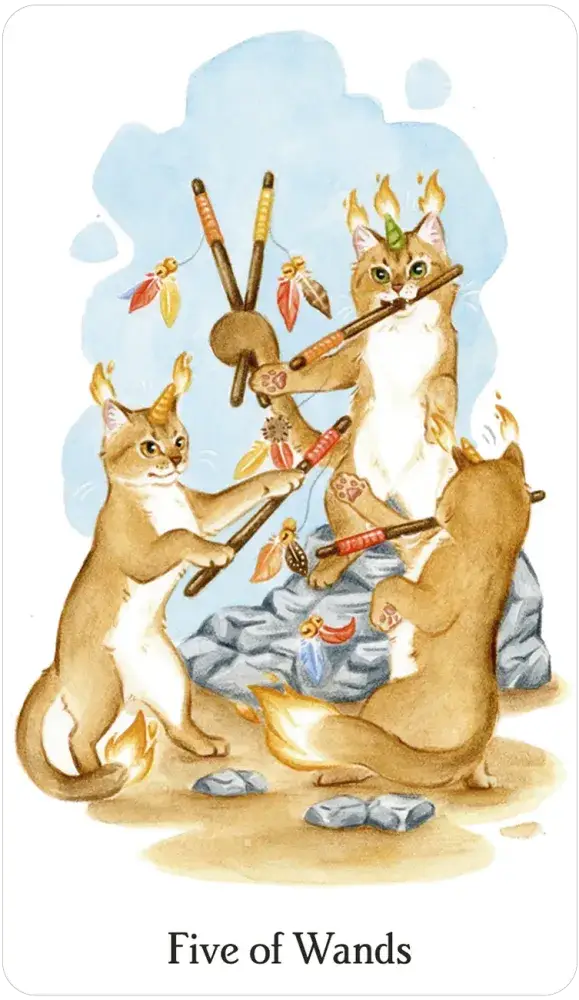 Caticorn Tarot Five of Wands card featuring three cats sparring with flaming wands.