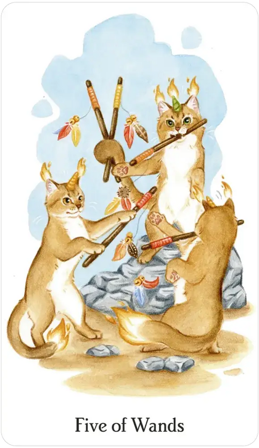 Caticorn Tarot Five of Wands card featuring three cats sparring with flaming wands.