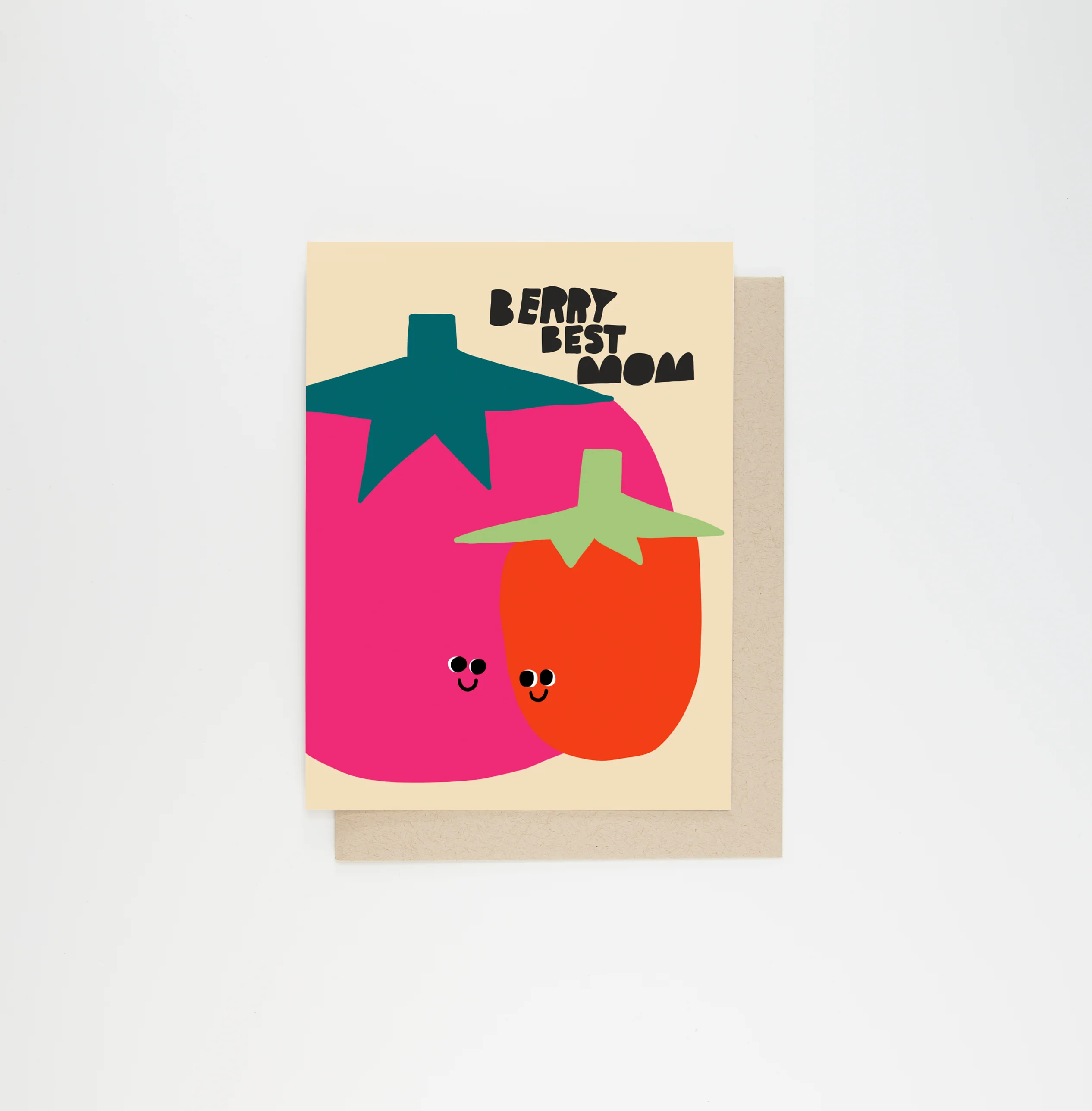 Berry Best Mom Card pack of 6 cards with two smiling tomatoes and “Berry Best Mom” text on a beige background.