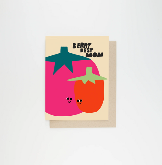 Berry Best Mom Card pack of 6 cards with two smiling tomatoes and “Berry Best Mom” text on a beige background.