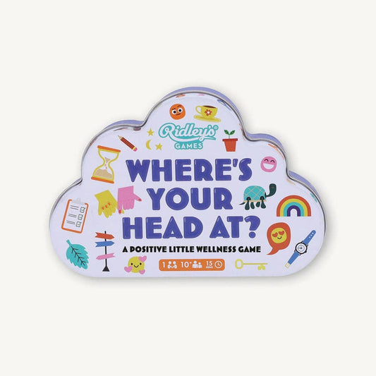 Cloud-shaped tin container for Wheres Your Head At? game with lid and colorful icons.