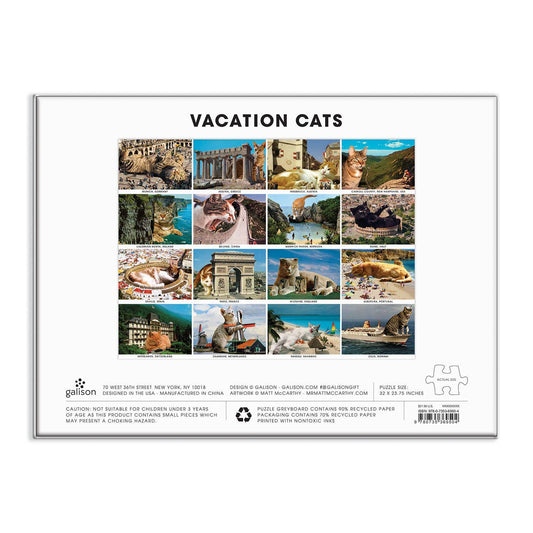 Back of Vacation Cats 1500 Piece Puzzle box with images of cats edited into global landmarks.