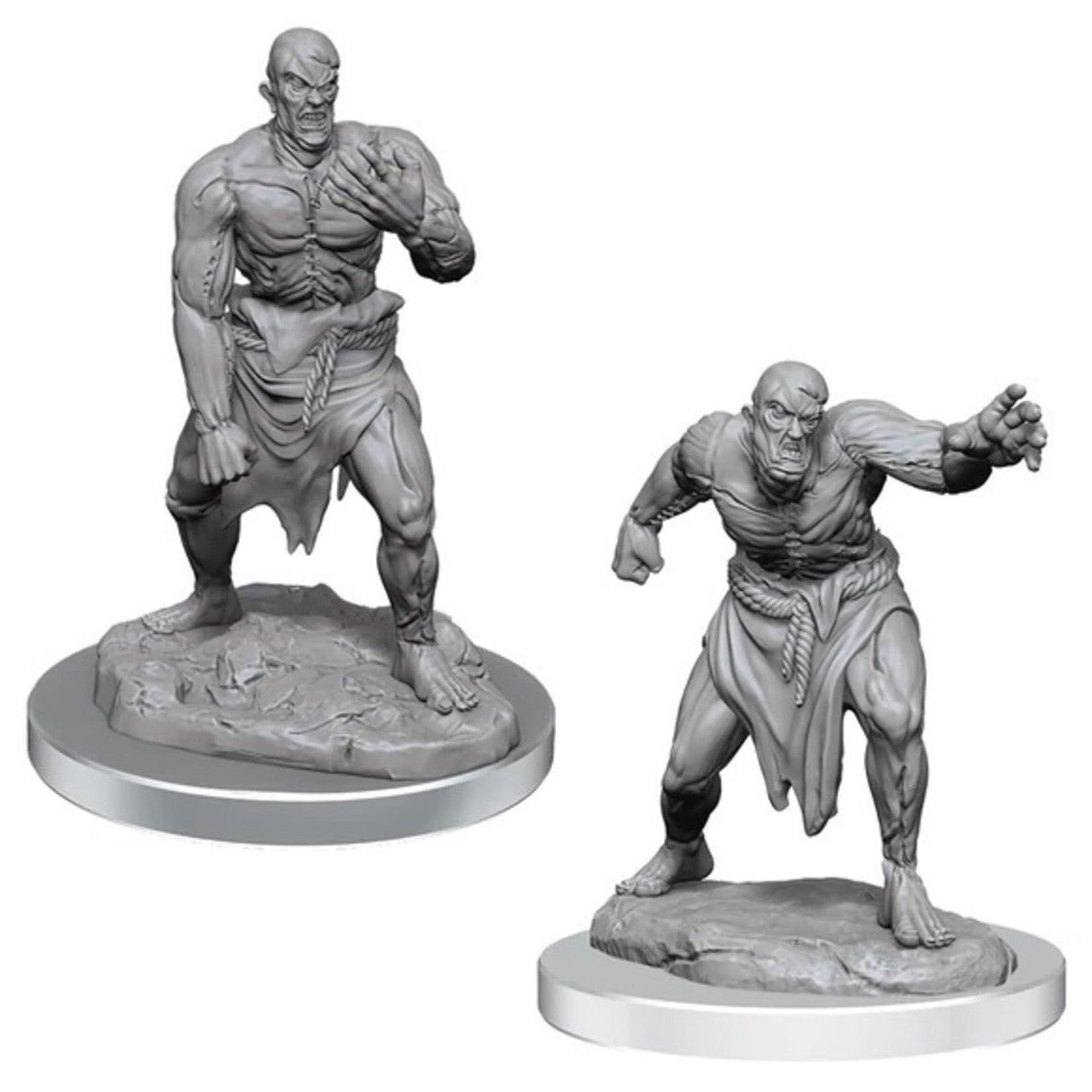 Two gray D&D: NMU Flesh Golems W17 miniatures, bald and muscular, in aggressive poses on rocky bases.