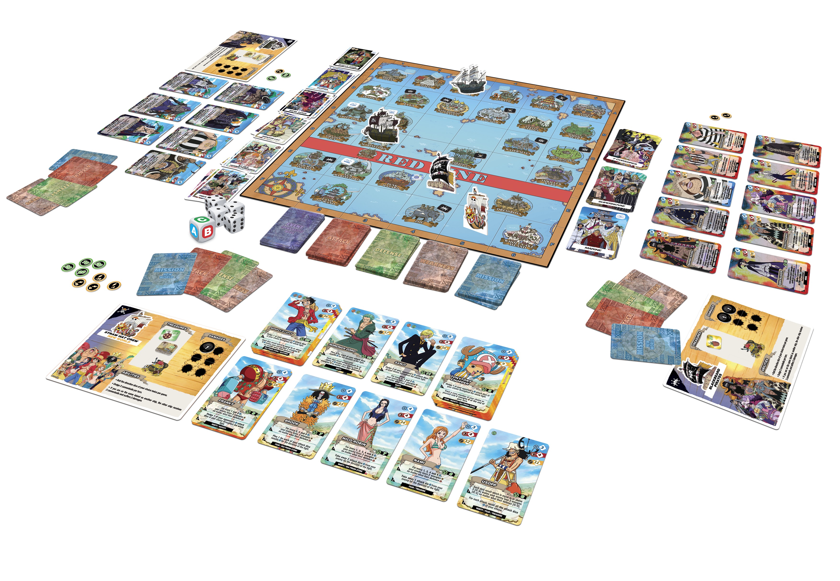 One Piece: Adventure Island board game with character cards, map, tokens, dice, and game cards.