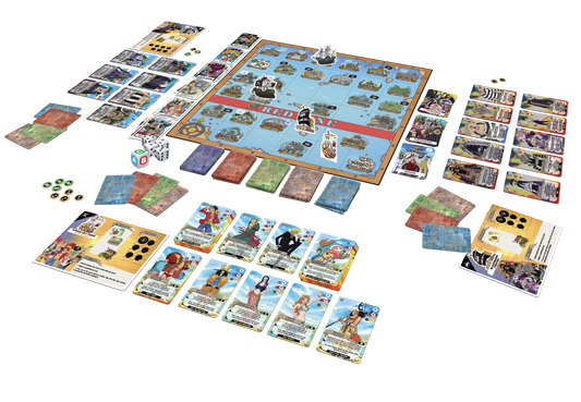 One Piece: Adventure Island board game with character cards, map, tokens, dice, and game cards.