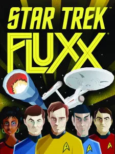 Star Trek Fluxx card game featuring the Enterprise and five Starfleet crew members on the cover.