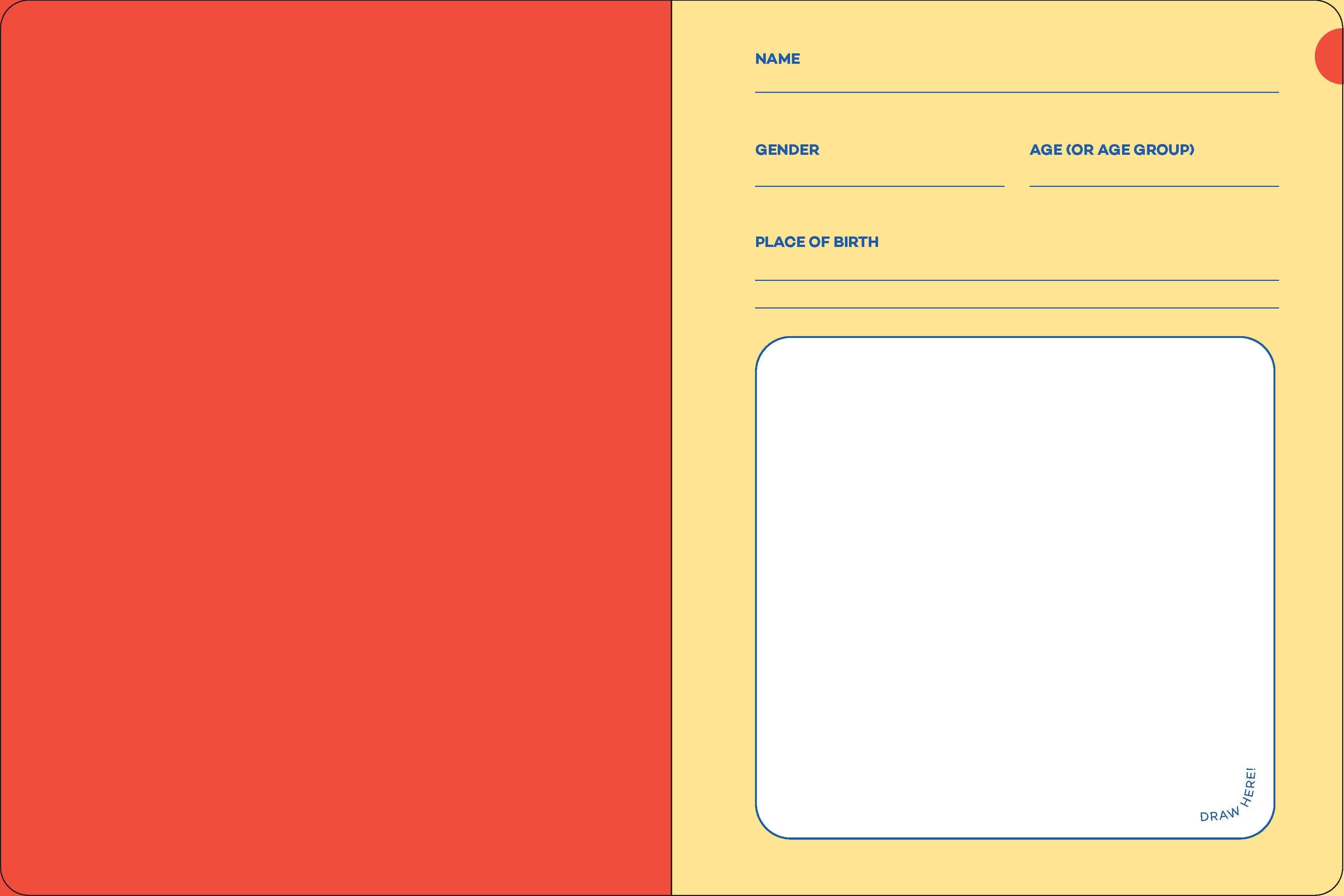 Writer’s journal featuring character fields for name, gender, age, birthplace, and space for drawings.